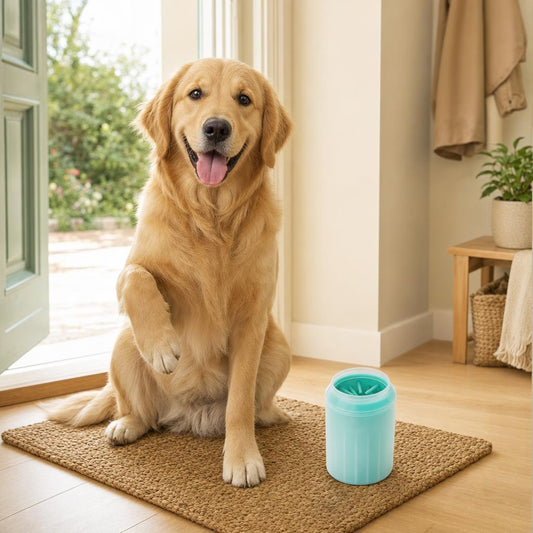 Perro golden retriever junto al vaso limpiapatas en la entrada de casa